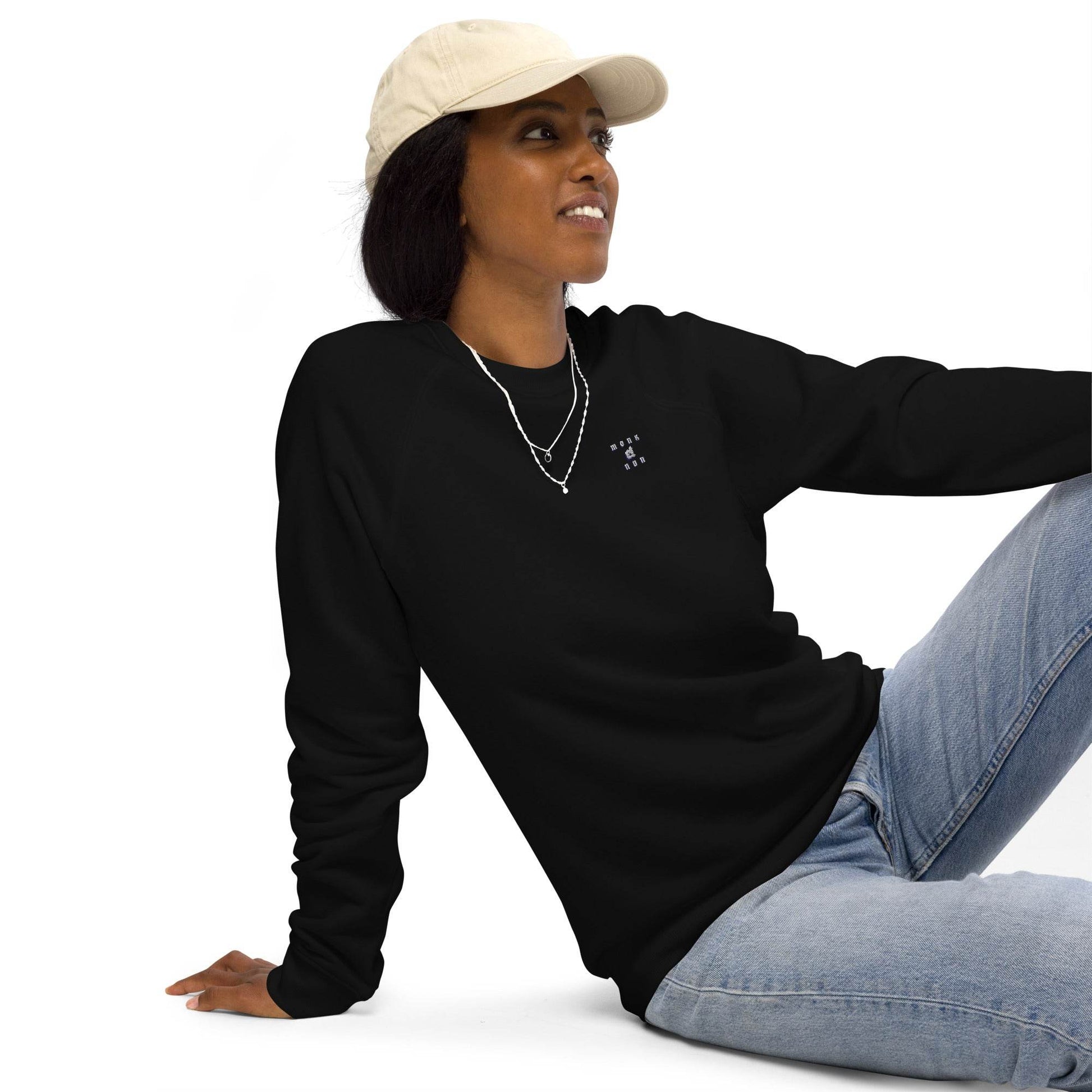 Unisex organic 100% cotton raglan sweatshirt Always think positive - Monk&Nun UnisexClothing