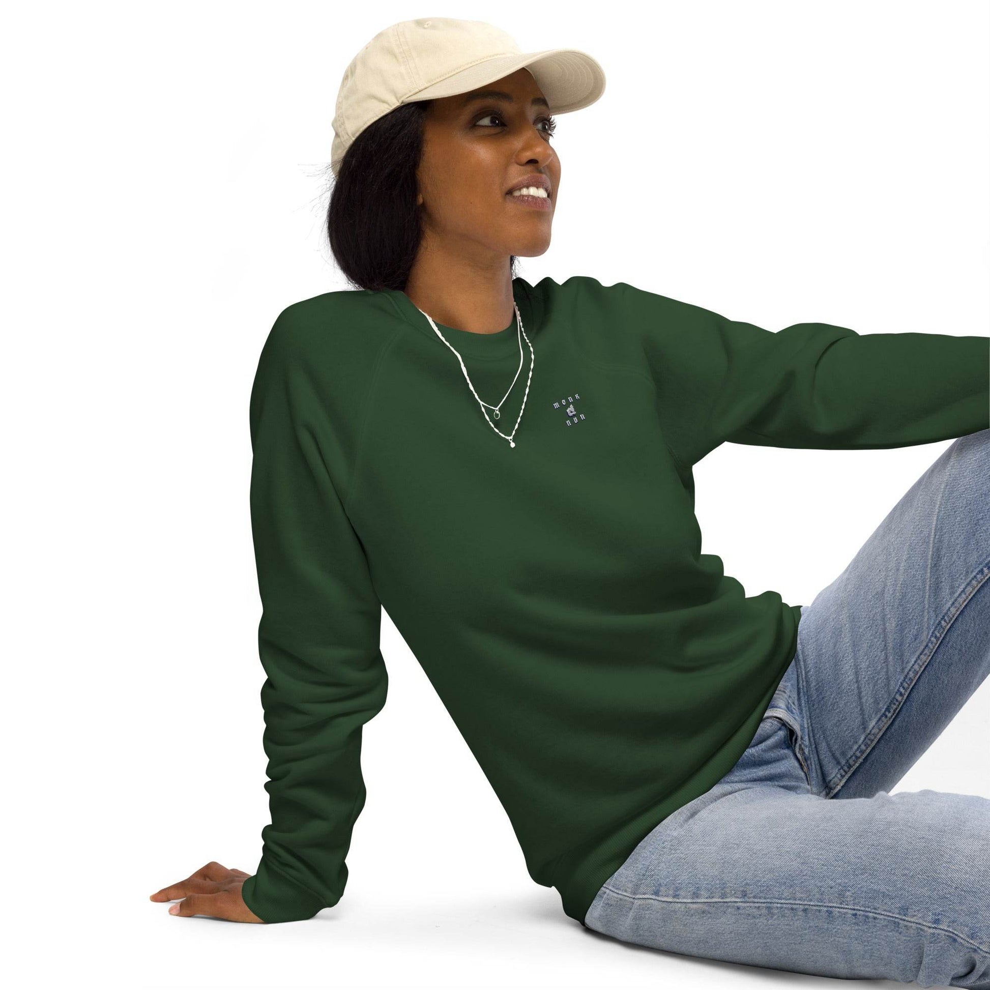 Unisex organic 100% cotton raglan sweatshirt Always think positive - Monk&Nun UnisexClothing