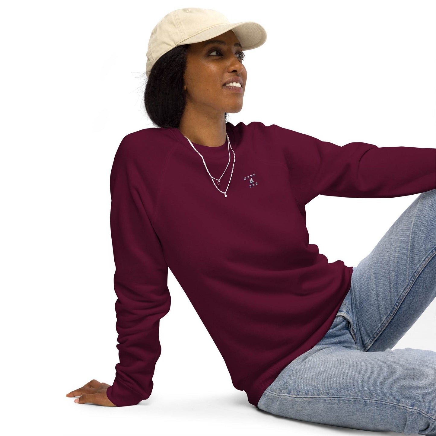 Unisex organic 100% cotton raglan sweatshirt Always think positive - Monk&Nun UnisexClothing