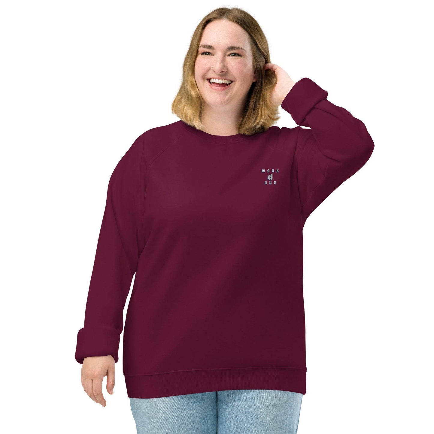 Unisex organic 100% cotton raglan sweatshirt Design #3 - Monk&Nun UnisexClothing
