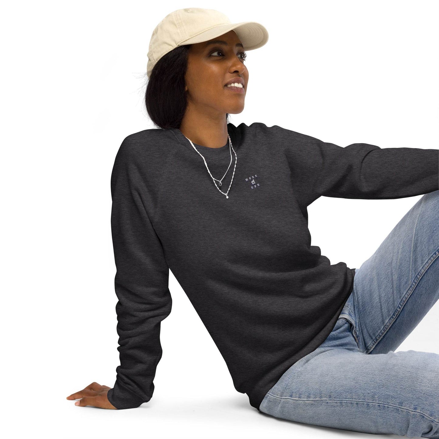 Unisex organic 100% cotton raglan sweatshirt Always think positive - Monk&Nun UnisexClothing